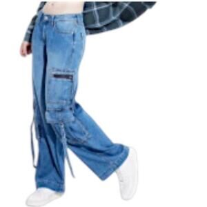 Women's Mid-Rise Wide Leg Cargo Baggy Pants - Wild Fable™ Medium Wash 12